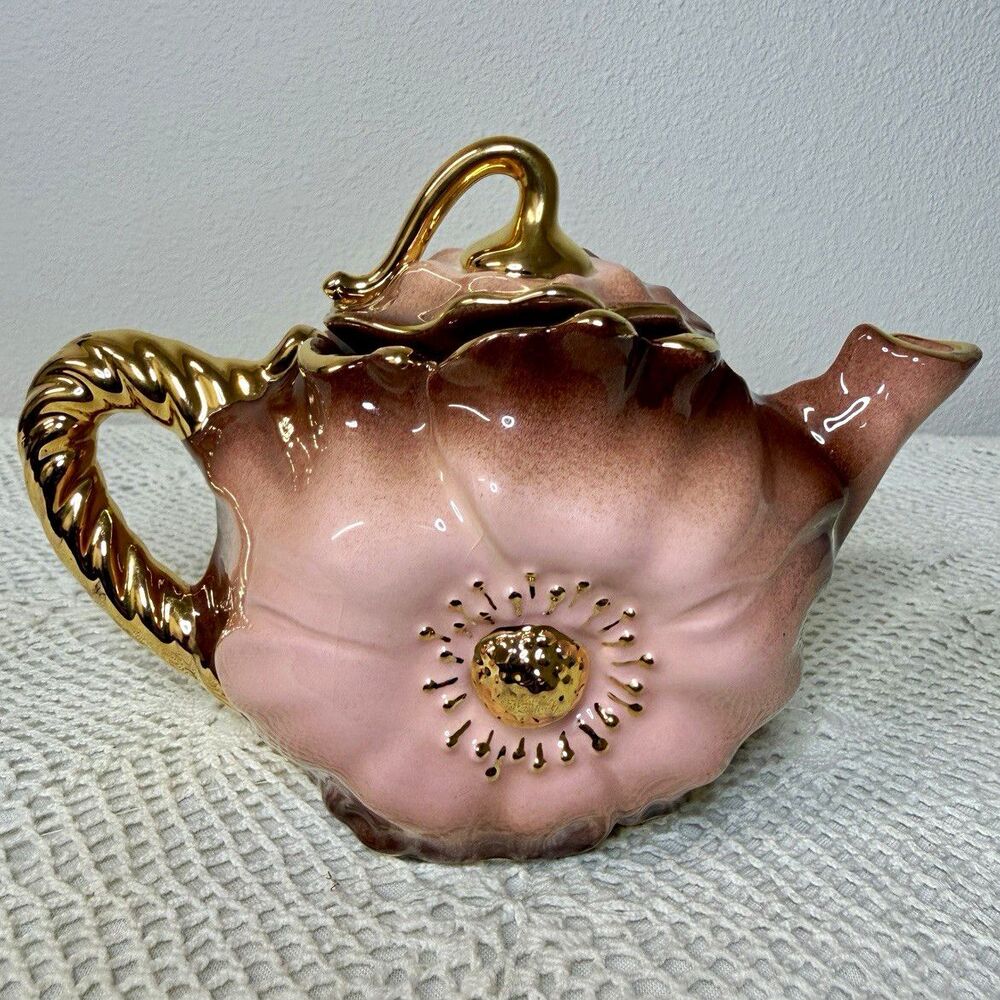 Pink Gold Glossy Ceramic Floral Victorian Teapot w/ Lid Included